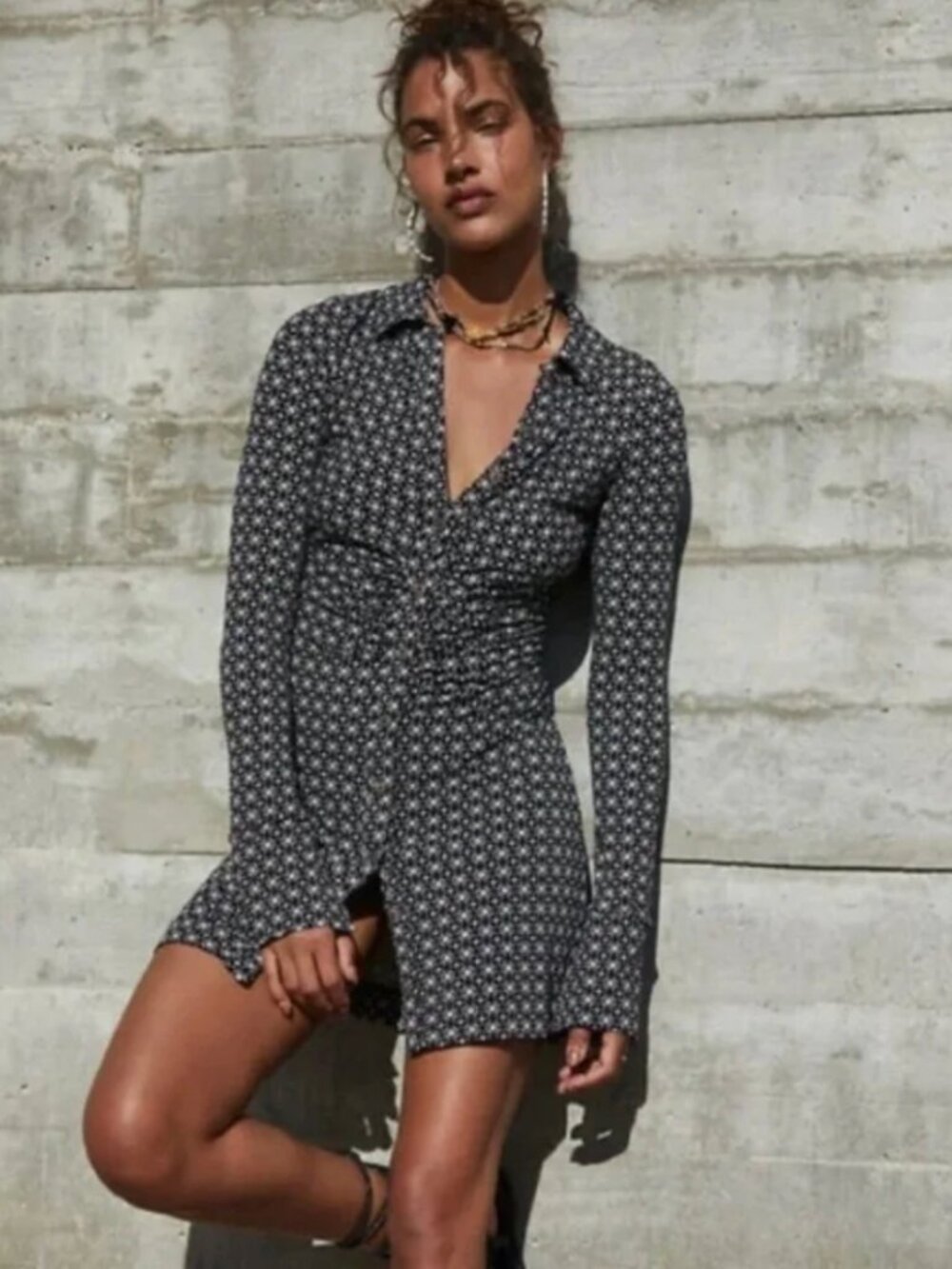 Free People Shayla mini dress Black and White Geometric Button-Up, L